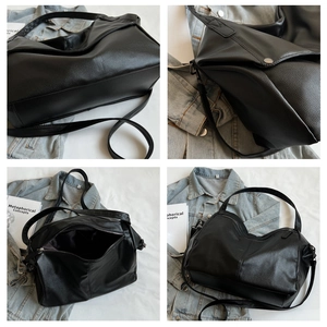 Detailed views of a black lychee leather tote bag featuring side snaps and spacious interior