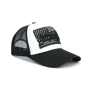 Black and white American flag trucker hat with 3D New York embroidery and mesh back