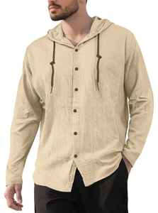 Close-up of beige men's hooded shirt with cotton texture, dark buttons and brown cords