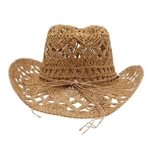 Breathable brown hollow out straw cowboy hat with bohemian weaving and wavy brim