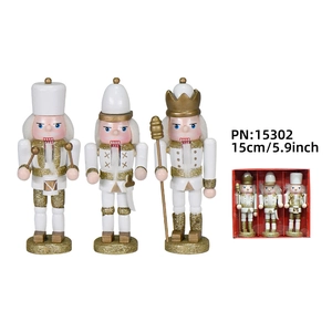 Three 15cm white and gold wooden nutcracker soldier figurines for Christmas decor