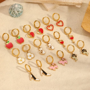 Stainless Steel Hoop Earrings 18K Gold Plated Enamel Drip Oil Heart Apple Cat Flower Dangle Fashion Jewelry For Women