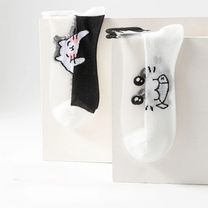 Detail of sheer glass silk socks with cute cartoon cat and fish patterns for summer wear