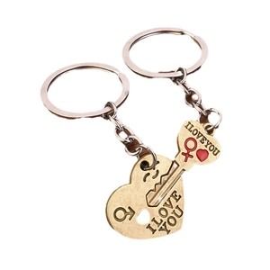 Vintage metal couple keychain set with heart lock, key, and I LOVE YOU engraving