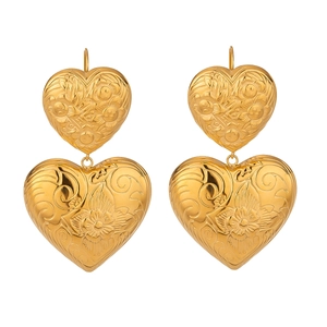 French vintage 18k gold stainless steel earrings with heart shape and floral texture