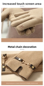 Close-up of knit gloves with metal horsebit detail and touch screen embroidery