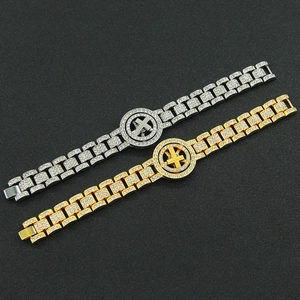 Hip hop rotating cross watch chain bracelet in gold and silver finish with full rhinestones