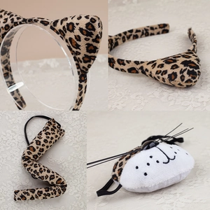 Leopard print costume set with plush animal ears headband, tail and whiskers mask