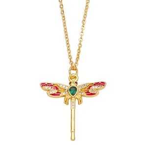 Fashionable gold dragonfly pendant necklace with red enamel wings and green gemstone