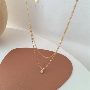 Layered Necklace Titanium Steel Gold Plated Water Wave Chain Solitaire Zircon Pendant French Luxury Style Women