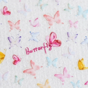 5D butterfly nail art stickers with colorful watercolor designs and calligraphy text