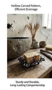 Macro detail of vintage cast iron soap dish with intricate hollow carved floral patterns