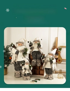 Detail of Christmas Santa plush dolls with beige knit fabric and natural pine cones