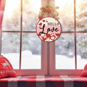 Pink heart wooden Valentine hanging sign with Hello Love text and jute rope for door decor