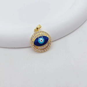 Gold plated Evil Eye round pendant with blue enamel and sparkling zircon accents