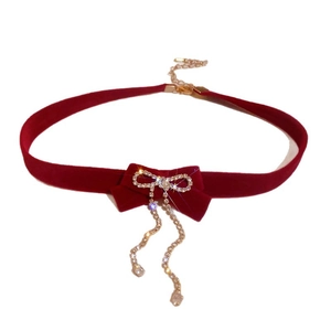 Vintage dark red velvet choker necklace with rhinestone bow and sparkling tassels