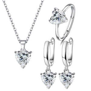 Elegant silver jewelry set with heart-shaped zircon stones necklace ring earrings