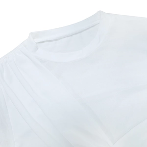 Detail of white round neck top featuring pleated shoulder and mesh stitching design