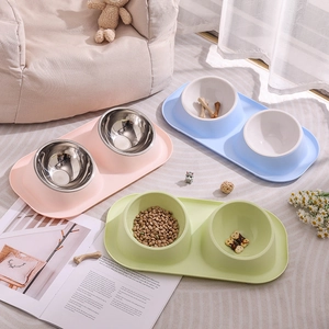 Double Pet Bowl Stainless Steel Plastic Removable Non-Slip Tilted Food Water Feeding Station For Cats Dogs
