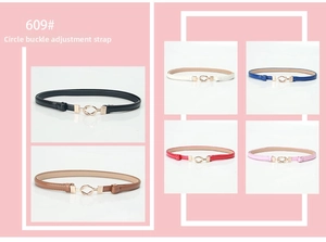 Detail of adjustable skinny belts with round buckles in six vibrant colors for dresses