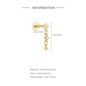 Detailed size chart for gold S925 silver moon stud earring with AAAAA zirconia dimensions