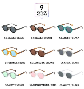 Grid layout showing nine colorful hexagonal fashion sunglasses with model numbers C1 to C9