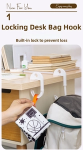 Portable G-shaped desk bag hook holding a backpack and pouch on a wooden tabletop