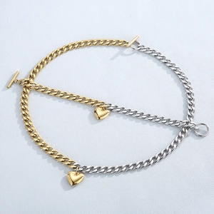 Two-tone mixed metal OT buckle Cuban chain necklace with gold heart pendant