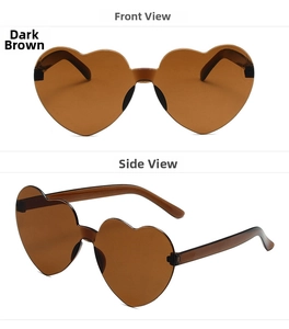 Vues de face et de côté de lunettes de soleil en forme de cœur sans monture, brun foncé jelly
