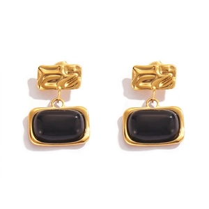 Vintage British Style Geometric Drop Earrings For Women Textured Titanium Steel With Black Glass Inlay Gold Plated