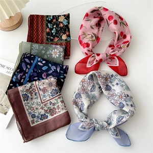 Chic floral cotton linen small square scarves in multiple prints on white background