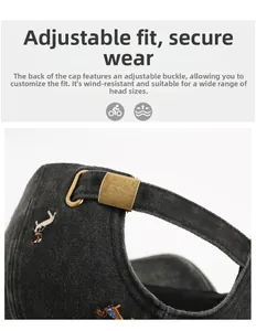 Detail of adjustable brass metal buckle and vintage washed fabric on the baseball cap