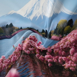Detailed macro view of Fuji landscape print on silky bohemian decorative wall tapestry