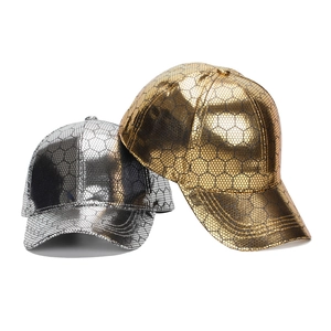 Metallic gold and silver PU baseball caps with black honeycomb hexagonal patterns