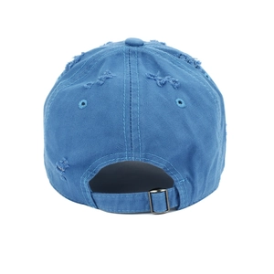 Rear view of distressed navy baseball cap showing metal buckle and frayed holes