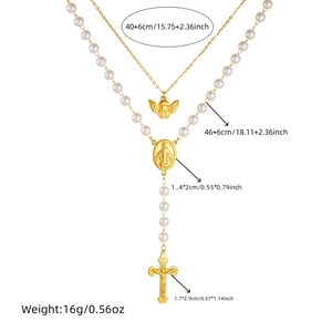 Double-layered gold stainless steel necklace with angel pendant, pearl beads and cross