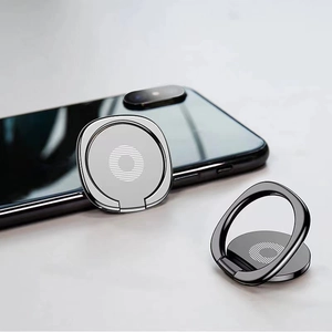 Universal metal ring holder for smartphones in silver and black with 360-degree rotation