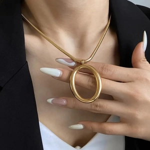Stainless Steel Necklace And Earrings 18K Gold Plated Irregular Oval Hollow Pendant Snake Chain Women Minimalist Jewelry
