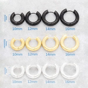 Detailed size comparison of stainless steel hoop earrings in gold, black, and silver