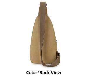 Detailed back view of khaki canvas crossbody chest bag showing sturdy strap and zipper