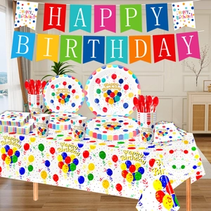 Colorful polka dot balloon birthday party set with banners, plates, cups and tablecloth