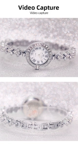 Detailed view of silver luxury ladies watch with crystal pavé bezel and Roman numerals