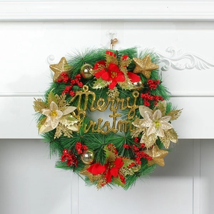 35cm Christmas wreath with pine needles, red poinsettias, gold stars and Merry Christmas sign