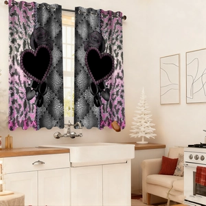 Pink leopard and grey faux leather heart pattern kitchen curtains with metal grommet rings