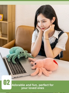 Cute pink and green spider plush toys with red heart patterns in a cozy home setting