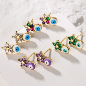 Mini gold evil eye stud earrings with colorful zircon stones and floral accents