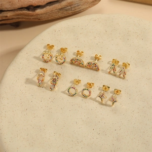 Minimalist Copper Multi Color Zirconia Star Moon Bow Arrow Slipper Geometric Shape Stud Earrings Gold Plated Jewelry Women