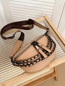 Fashionable beige crocodile pattern chest bag with multi-layer metal chain detail