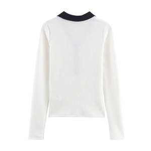 Flat lay of the back of a slim-fit rib-knit long-sleeved shirt with contrast black collar