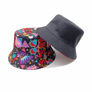 90S vintage graffiti bucket hat set with disco print and plain black reversible style